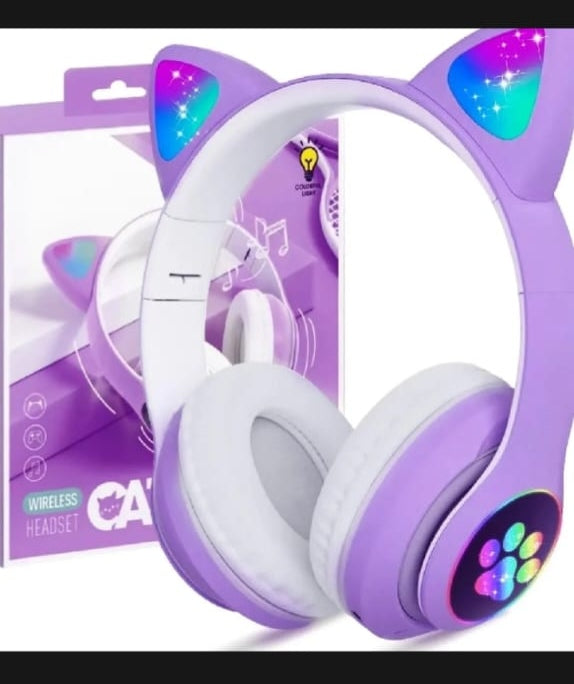 Cat Ear Wireless Bluetooth Headphones with RGB LED Lights & Built-in Mic – Stereo Bass Sound, Bluetooth & AUX Mode, Adjustable Over-Ear Headset for Kids, Teens & Girls