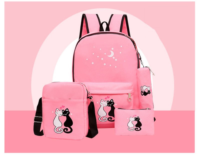 4-Piece School Bag Set for Kids – Canvas Backpack with Lunch Bag, Pencil Case & Accessory Pouch for Girls & Boys, Black