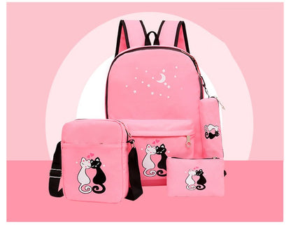 4-Piece School Bag Set for Kids – Canvas Backpack with Lunch Bag, Pencil Case & Accessory Pouch for Girls & Boys, Black