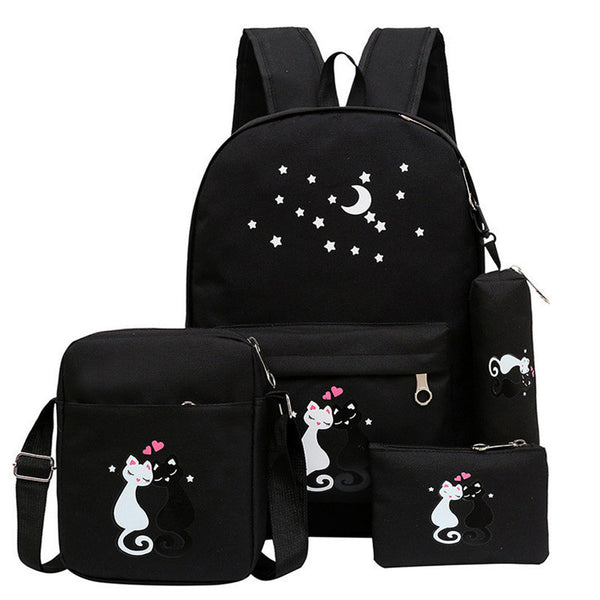 4-Piece School Bag Set for Kids – Canvas Backpack with Lunch Bag, Pencil Case & Accessory Pouch for Girls & Boys, Black
