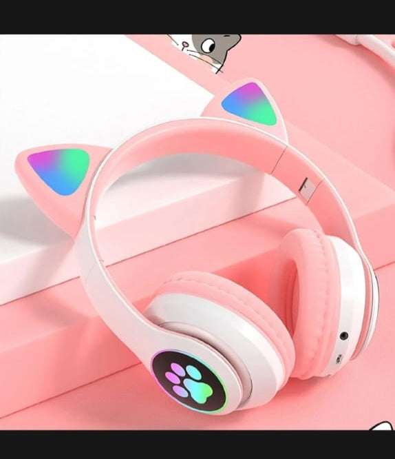 Cat Ear Wireless Bluetooth Headphones with RGB LED Lights & Built-in Mic – Stereo Bass Sound, Bluetooth & AUX Mode, Adjustable Over-Ear Headset for Kids, Teens & Girls