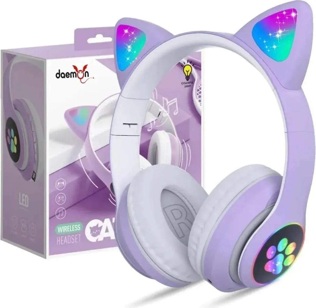 Cat Ear Wireless Bluetooth Headphones with RGB LED Lights & Built-in Mic – Stereo Bass Sound, Bluetooth & AUX Mode, Adjustable Over-Ear Headset for Kids, Teens & Girls