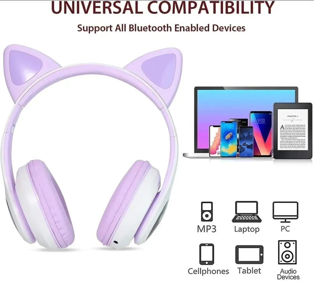 Cat Ear Wireless Bluetooth Headphones with RGB LED Lights & Built-in Mic – Stereo Bass Sound, Bluetooth & AUX Mode, Adjustable Over-Ear Headset for Kids, Teens & Girls