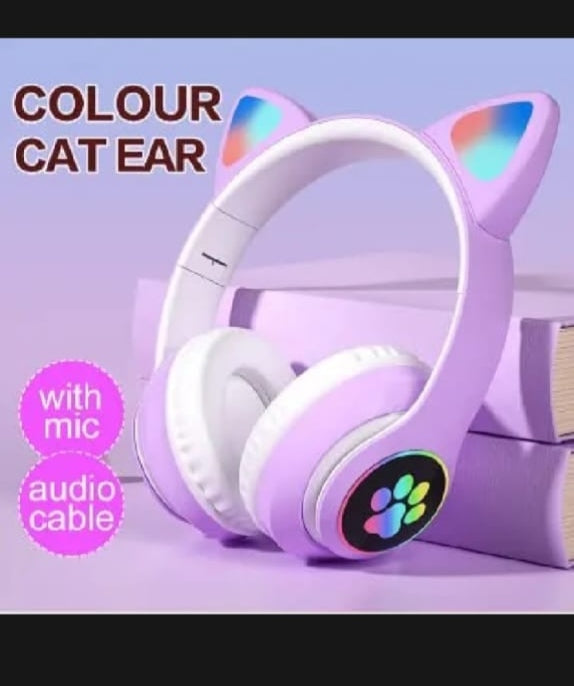 Cat Ear Wireless Bluetooth Headphones with RGB LED Lights & Built-in Mic – Stereo Bass Sound, Bluetooth & AUX Mode, Adjustable Over-Ear Headset for Kids, Teens & Girls
