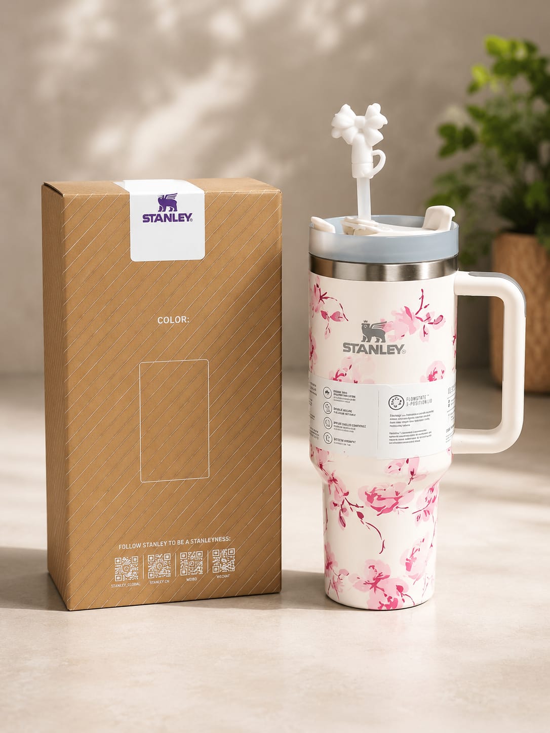 Stanley 40 oz Blue Floral Printed Tumbler with Handle and Straw – Double-Wall Vacuum Insulated Stainless Steel Travel Mug, Leak-Resistant Lid, Keeps Drinks Hot or Cold for Hours