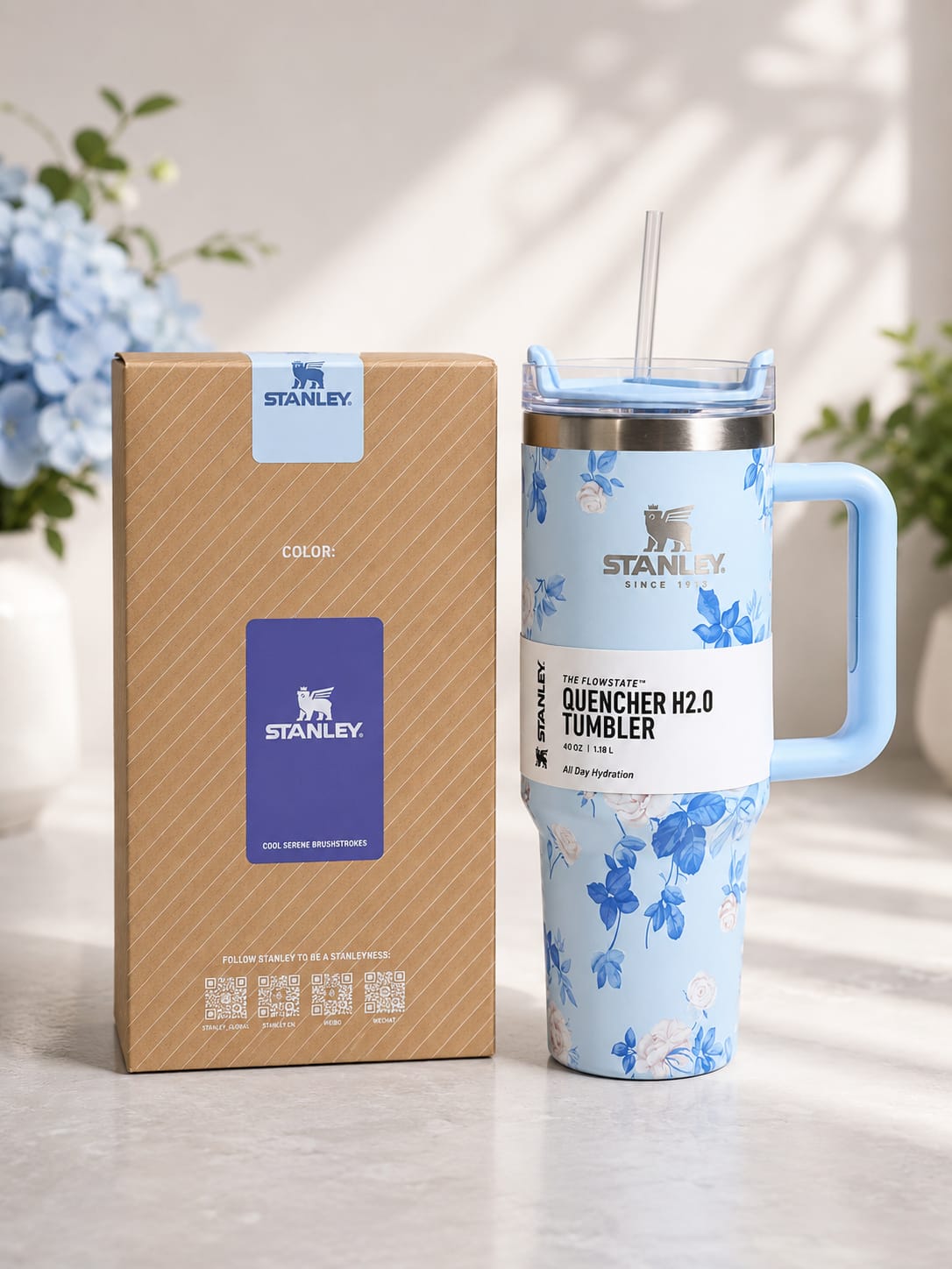 Stanley 40 oz Blue Floral Printed Tumbler with Handle and Straw – Double-Wall Vacuum Insulated Stainless Steel Travel Mug, Leak-Resistant Lid, Keeps Drinks Hot or Cold for Hours