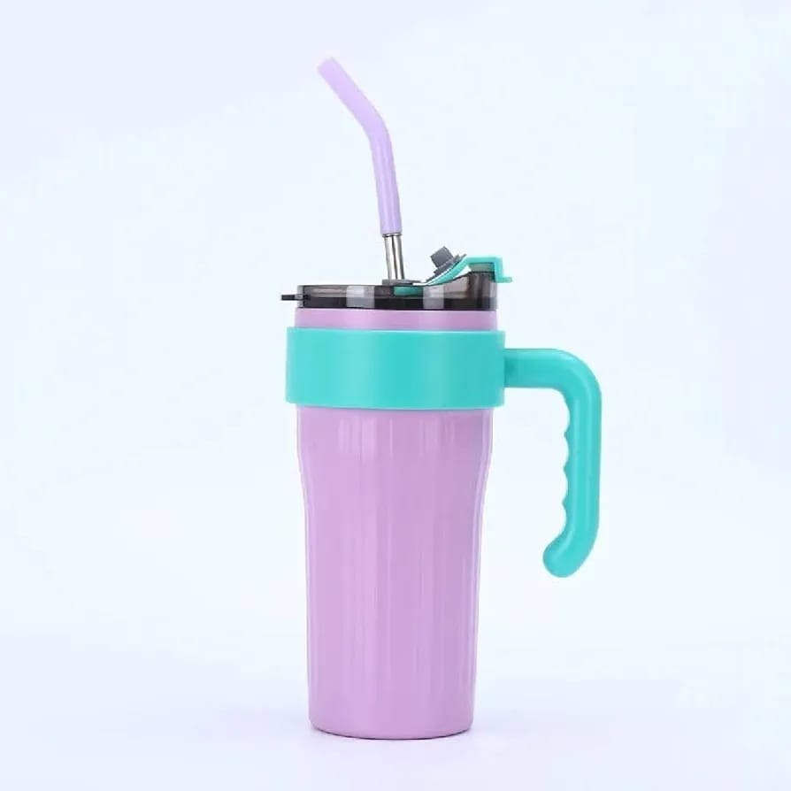 **40oz Insulated Travel Mug with Handle – Leakproof Lid, Stainless Steel Straw & Double-Wall Vacuum Insulation for Hot & Cold Drinks (Random Color)**