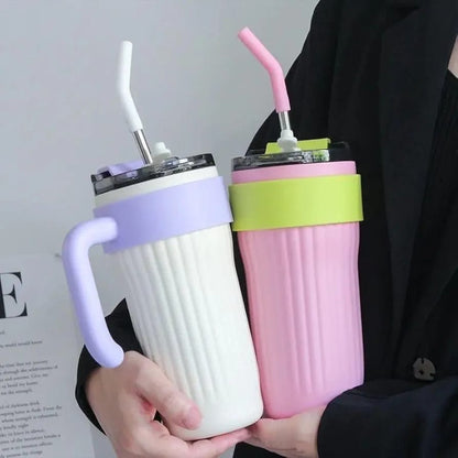 **40oz Insulated Travel Mug with Handle – Leakproof Lid, Stainless Steel Straw & Double-Wall Vacuum Insulation for Hot & Cold Drinks (Random Color)**