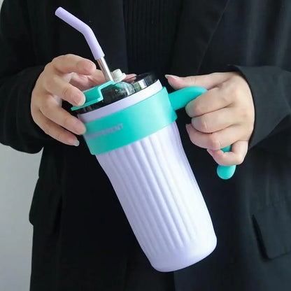 **40oz Insulated Travel Mug with Handle – Leakproof Lid, Stainless Steel Straw & Double-Wall Vacuum Insulation for Hot & Cold Drinks (Random Color)**